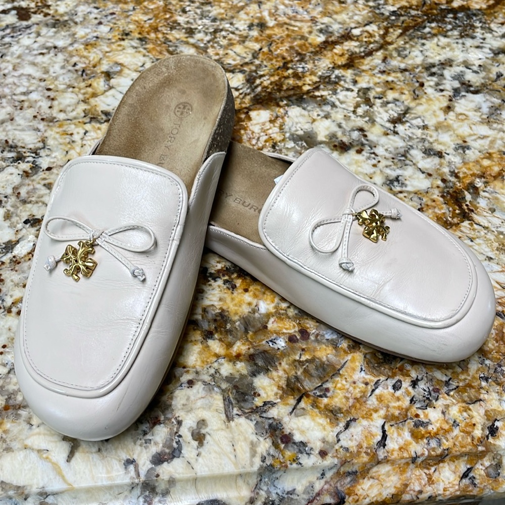 Tory Burch Cream Mules with Gold Accent